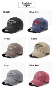 Detailed grid view showcasing retro washed cotton baseball caps in six assorted colors