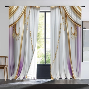 Detail of luxury white curtains with purple gradient hem and gold bead fringe trim