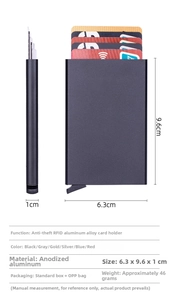 Detailed size chart for aluminum RFID blocking wallet with dimensions 6.3x9.6x1cm