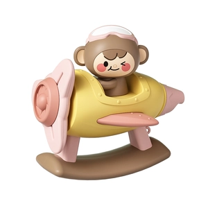Cute monkey pilot airplane rocking toy for infants featuring a yellow body and pink wings
