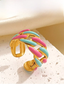 Detailed macro shot of a gold chain ring with colorful pink and blue enamel drip finish