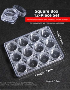Clear plastic nail art storage box with 12 round individual compartments for small charms
