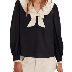French style long sleeve chiffon shirt in black featuring a white Peter Pan collar with bow