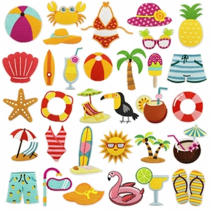 Summer Beach Embroidery Patches Hawaii Tropical Style Iron On Appliques For Clothing Bags Hats DIY Decorative Repair