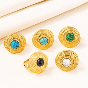 Detailed view of bohemian style 304 stainless steel rings with five colorful gemstones