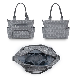 Multi-angle view of a gray diaper bag set with white arrow patterns and interior pockets