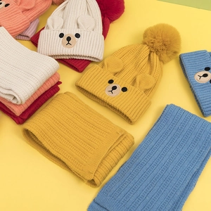 Toddler winter knit hat and scarf set with cute bear ears and pompom in multi colors