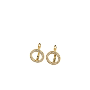 Gothic gold-tone pentagram earrings with pavé-set clear stones on minimalist round hoops