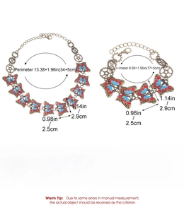 Detailed size chart for steampunk butterfly bracelet and necklace with gear measurements