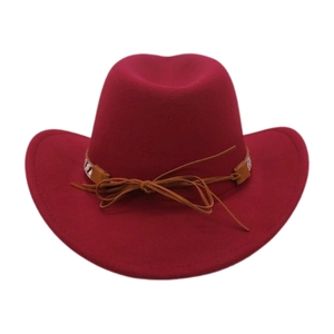 Detail of dark red wool cowboy hat featuring a brown leather rope and beaded band accent