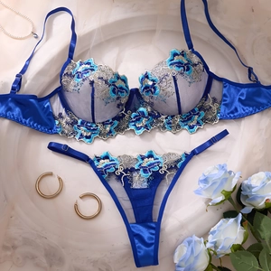 Sexy Floral Embroidered Lace Bra And Thong Lingerie Sheer Mesh Underwire Breathable Elegant For Women