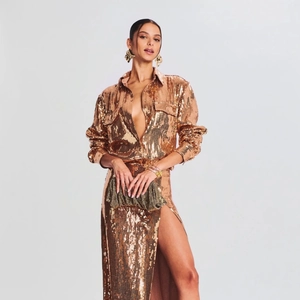 Sequin Long Sleeve Shirt And High Slit Maxi Skirt Sparkly Elegant Sexy Party Evening Night Club Outfits For Women
