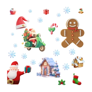 3D Christmas static window clings featuring Santa Claus on a scooter and gingerbread house