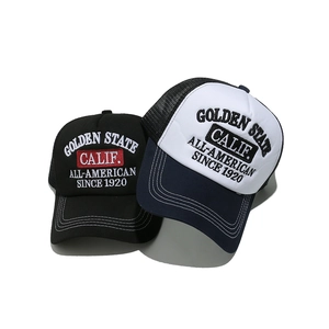 Detail view of American vintage baseball caps with Golden State embroidery and mesh back