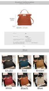 Detailed view of woven PU leather texture and metal swivel lock on the trapezoid handbag