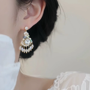 Elegant vintage geometric flower tassel earrings with crystals and white enamel petals