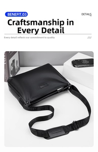 Detail view of black lychee grain leather crossbody bag with nylon strap and metal zipper