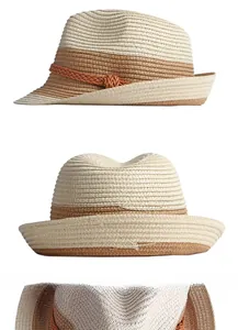Close-up of woven straw hat showing beige textures, brown band, and multiple detail views