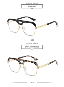 Vue détaillée de lunettes de soleil rétro à double pont en noir or et léopard gris
