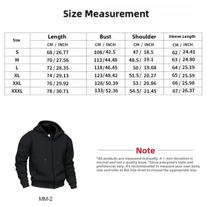 Detailed size chart for men's hooded sweatshirt with measurements in CM and INCH