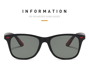 Detail of black sports sunglasses with HD polarized lenses and red stripe accents