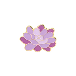 Detail of purple lotus flower brooch with golden metal edges and enamel finish
