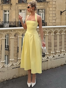 Abito Midi Halter Da Donna Schiena Scoperta Vita Alta Linea A Sexy Estate Senza Maniche Elegante Tinta Unita Poliestere Elastan