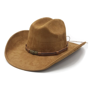 Brown suede western cowboy hat with woven band and vintage bronze skull ornament