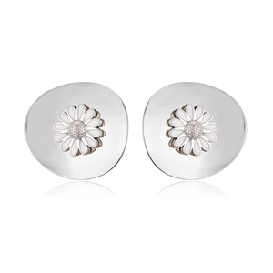 Detailed view of silver white daisy flower stud earrings with enamel petals