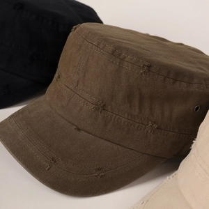Distressed cotton flat top cadet caps with breathable eyelets in brown and black