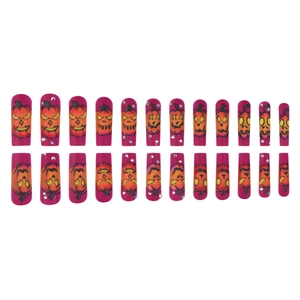 Faux ongles cercueil Halloween rose rouge avec motifs citrouille et strass brillants