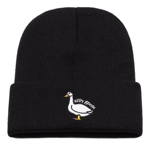 Black knitted beanie hat featuring a cute white silly goose embroidery design on the front