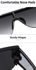 Detail view of smooth integrated nose pads and durable metal hinges on oversized sunglasses