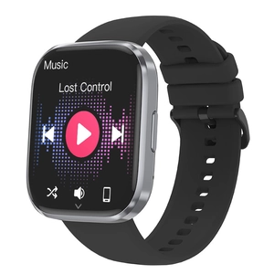 Smart watch with silver metal case, black silicone strap and music player interface