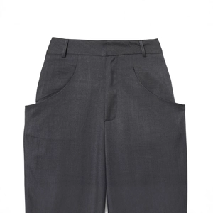 Dark gray high-waisted wool pants featuring curved side pockets and smooth fabric texture