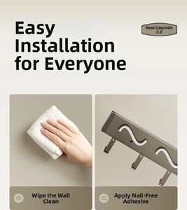 Detail of wall-mounted folding drying rack installation using strong adhesive