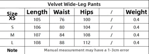 Size chart for velvet wide-leg trousers including length, waist, and hip measurements