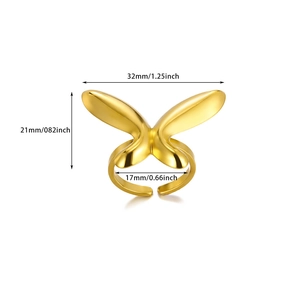 Detailed size measurement of the 18k gold butterfly ring showing width and diameter