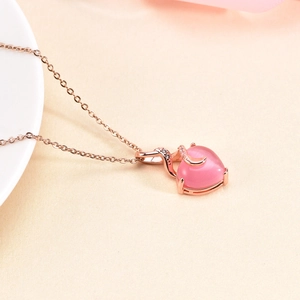 Heart Pendant Necklace Titanium Steel Pink Cat Eye Stone Rose Gold Rhinestone Elegant Fashion Women Jewelry