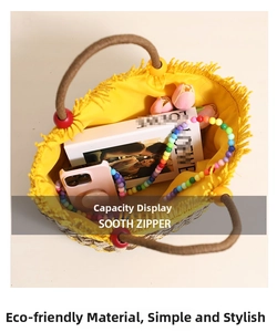 Top view of woven straw bucket bag with yellow lining and colorful wooden bead handles