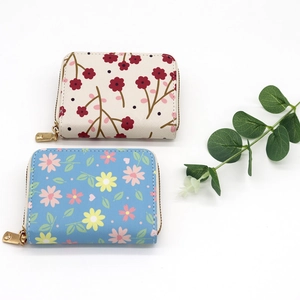 Floral print accordion card holder wallets with zip closure in white and blue