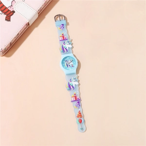 Detailed view of light blue silicone strap with 3D cartoon unicorn and castle patterns
