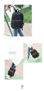 Detail view of stylish PU leather backpack with front zipper pocket and side buckles