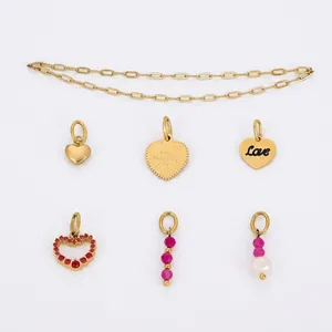 Stainless steel chain DIY jewelry set with gold heart pendants and pink beads charms