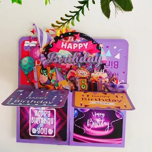 3D pop-up Happy Birthday card with purple party elements and multi-layer cutout design
