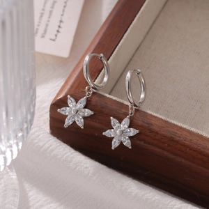 Exquisite silver sunflower hoop earrings with clear cubic zirconia in a modern floral design
