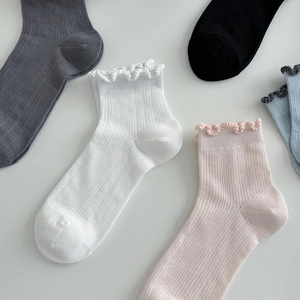 Lace ruffle trim crew socks in assorted pastel colors with ribbed mesh knit patterns