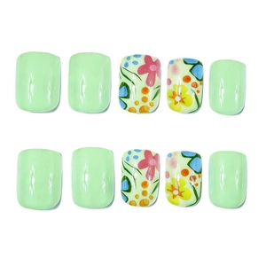 Short square press-on nails in mint green with colorful floral hand-painted designs