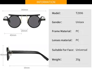 Size chart showing dimensions and PC material specs for T2996 punk round sunglasses