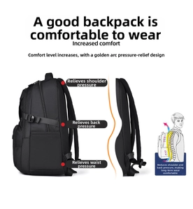 Detailed side view of black travel backpack showing ergonomic mesh padding and compression straps